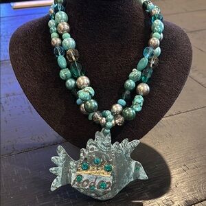DaVinci Western Southwestern Statement Turquoise Beaded Necklace Bird Pendant​